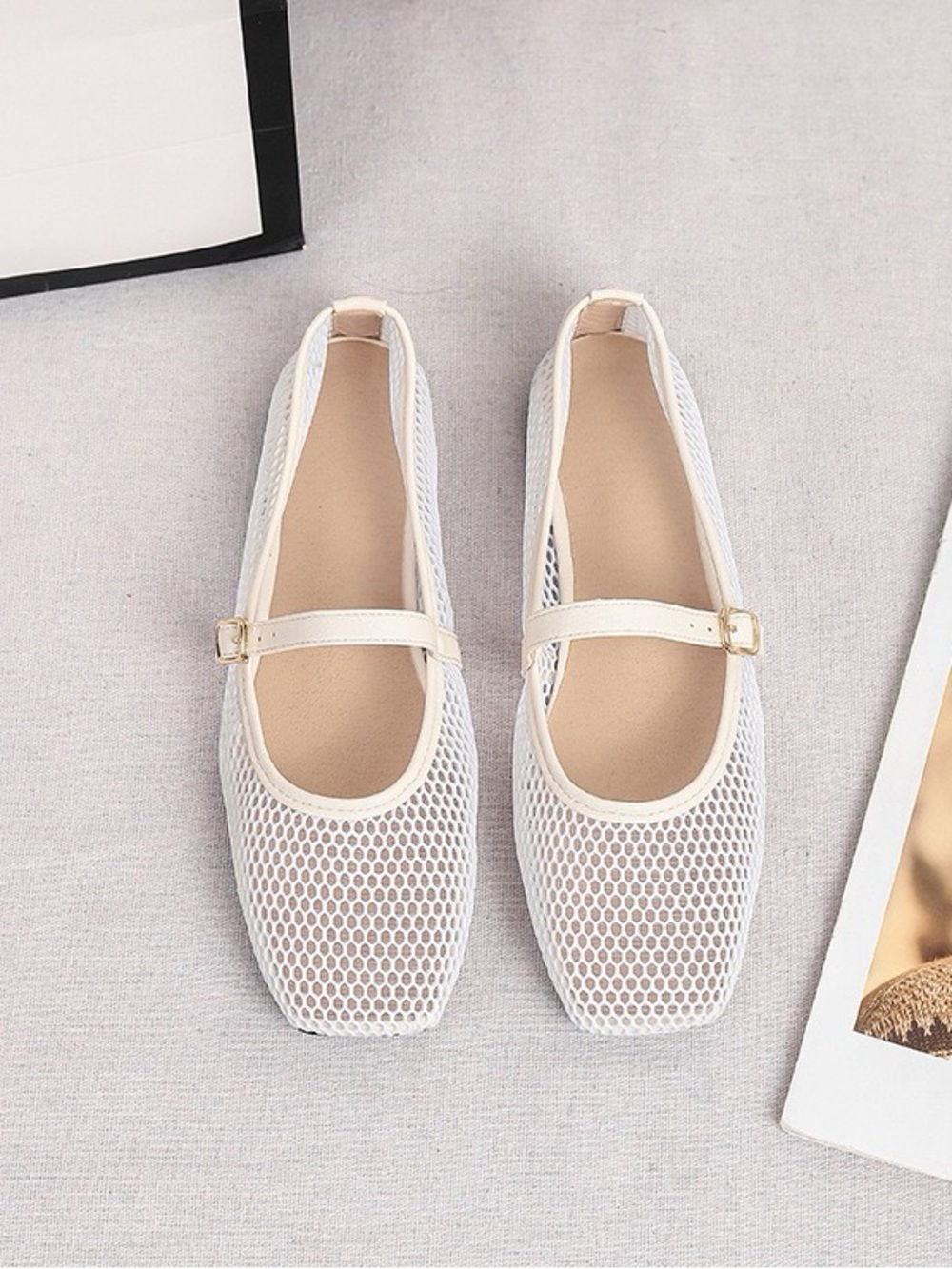Neutral Beige Mary Jane Mesh Flats with Adjustable Strap - Picture 2 of 7